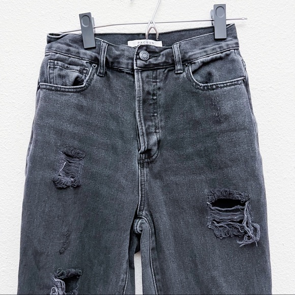 Pacsun High Rise Straight Leg Button Fly Distressed Black Raw Hem Jeans Size 25 - Picture 6 of 11